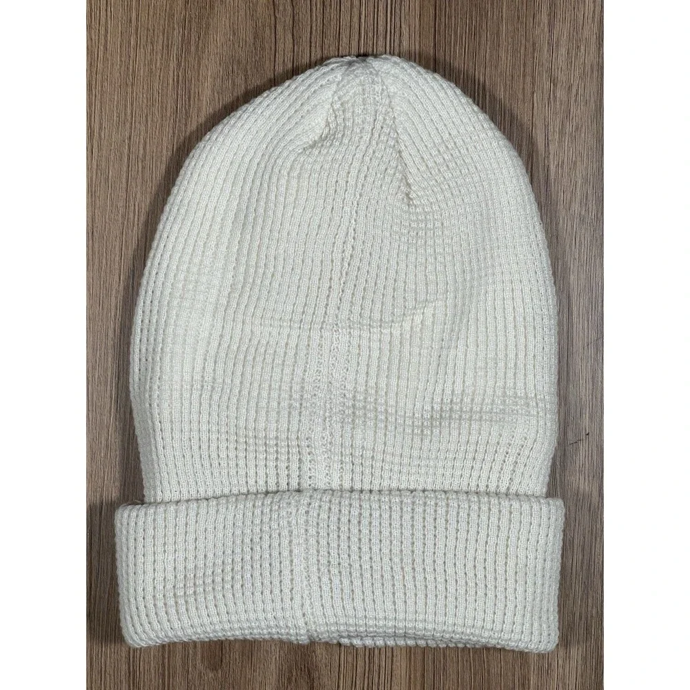 True Religion White Fuzzy Logo Waffle Knit Beanie Hat